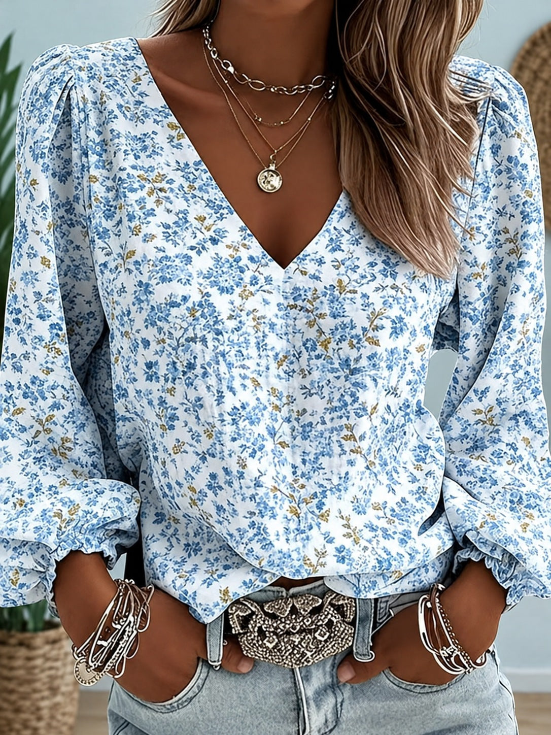 Dinah β Blue Ditsy Floral Print V-Neck Puff-Sleeve Blouse