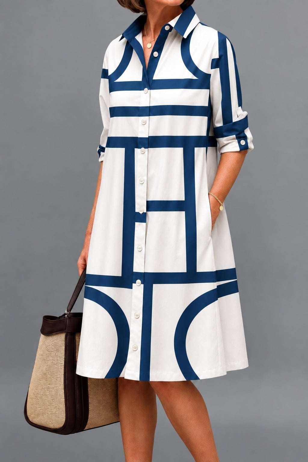 Adrienne – Navy & White Navy Geometric Midi Shirt Dress