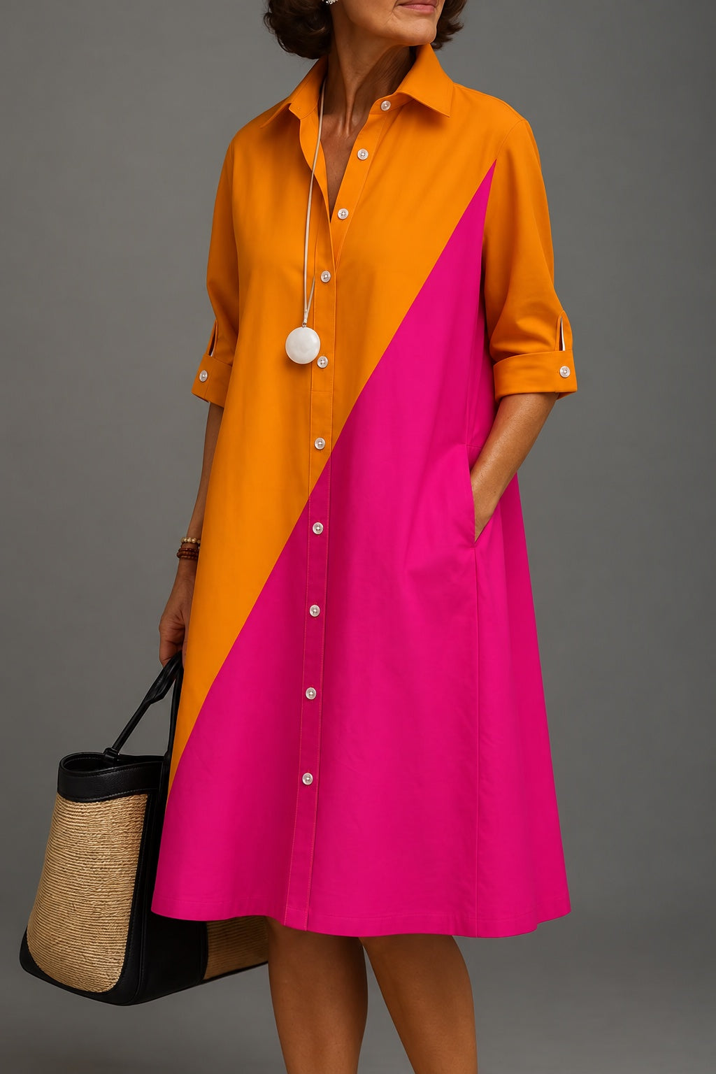 Agatha – Pink & Orange Colour-Block Midi Shirt Dress