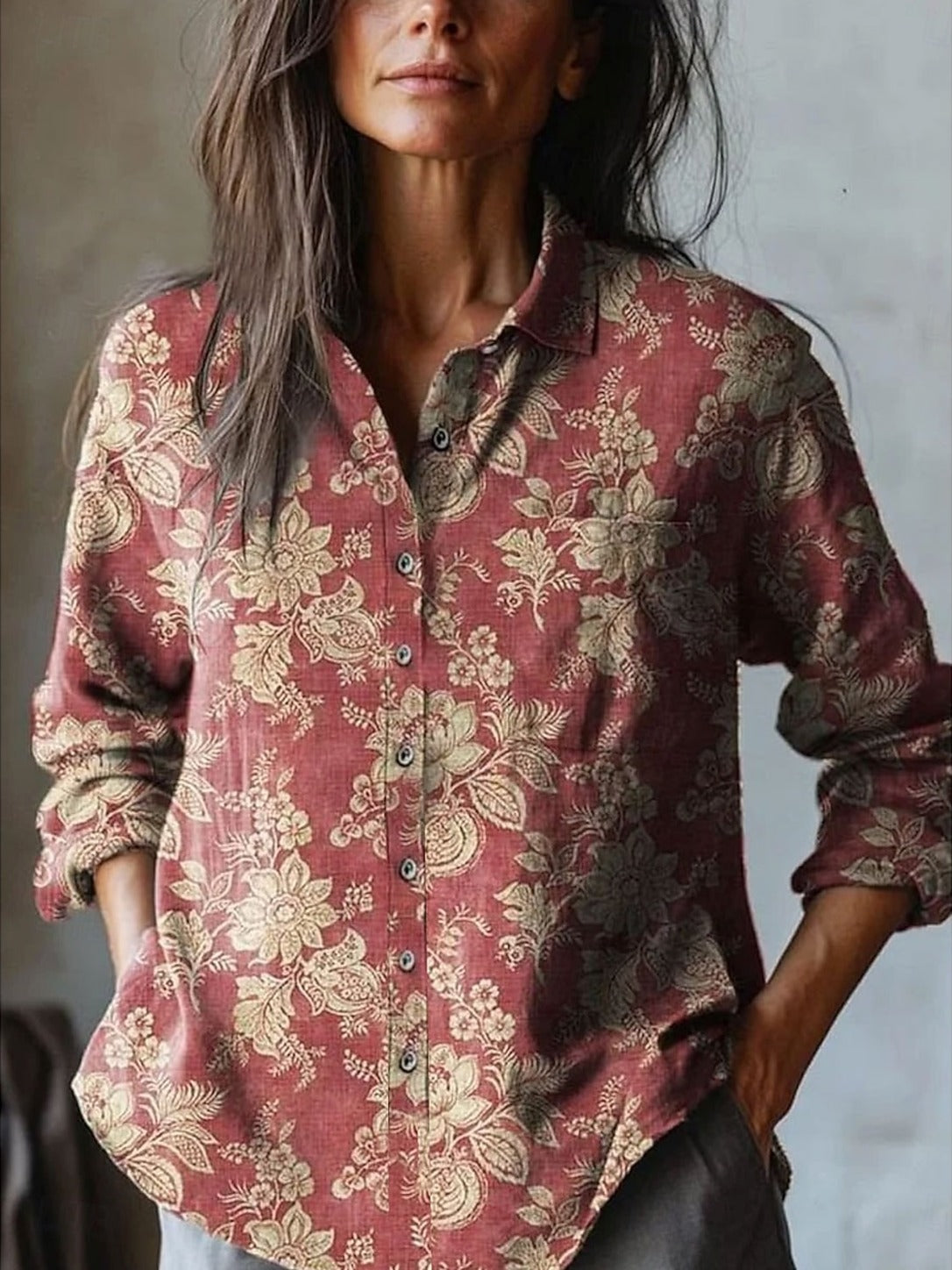 Bonita – Red Baroque Floral Print Button-Down Shirt