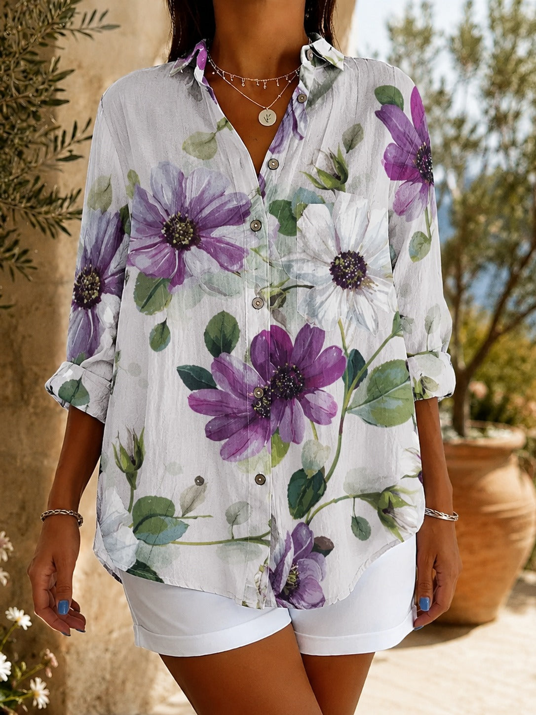 Perpetua – Purple Floral Purple Floral Longline Button-Down Shirt
