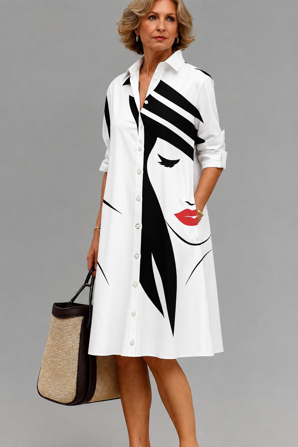Alberta – White Abstract Face Print Midi Shirt Dress