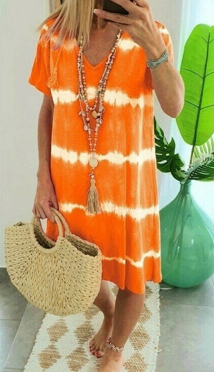 Giulietta – Orange Women's Tie-Dye Stripe V-Neck T-Shirt Dress