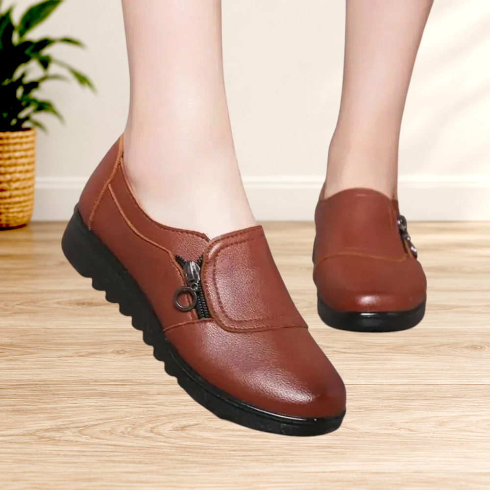 Wattle & Vale Melbourne Helga orthopedische damesschoenen in bruin leer met ritssluiting en zwarte zool