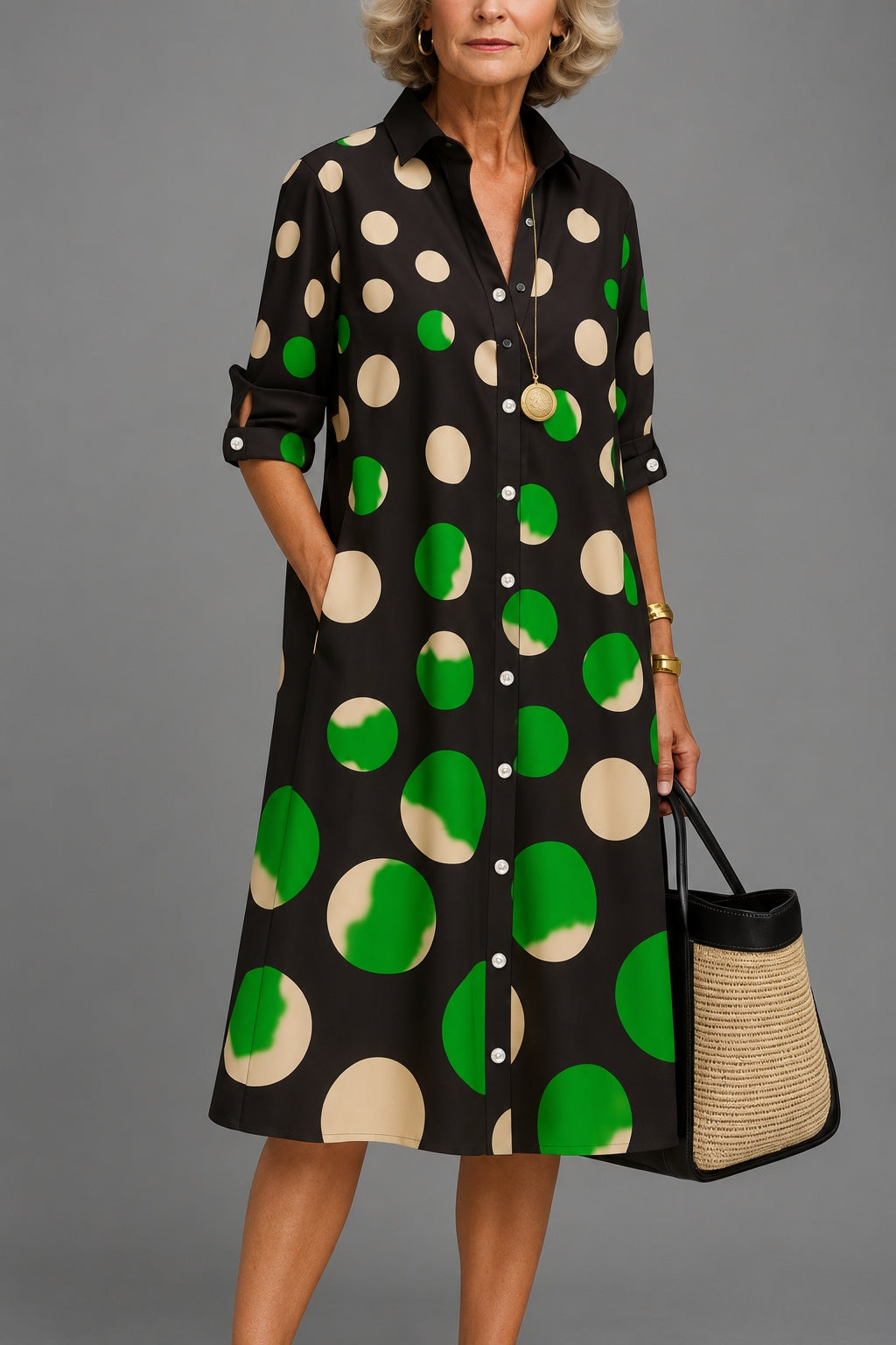 Alyssa – Black Bold Spot Print Midi Shirt Dress