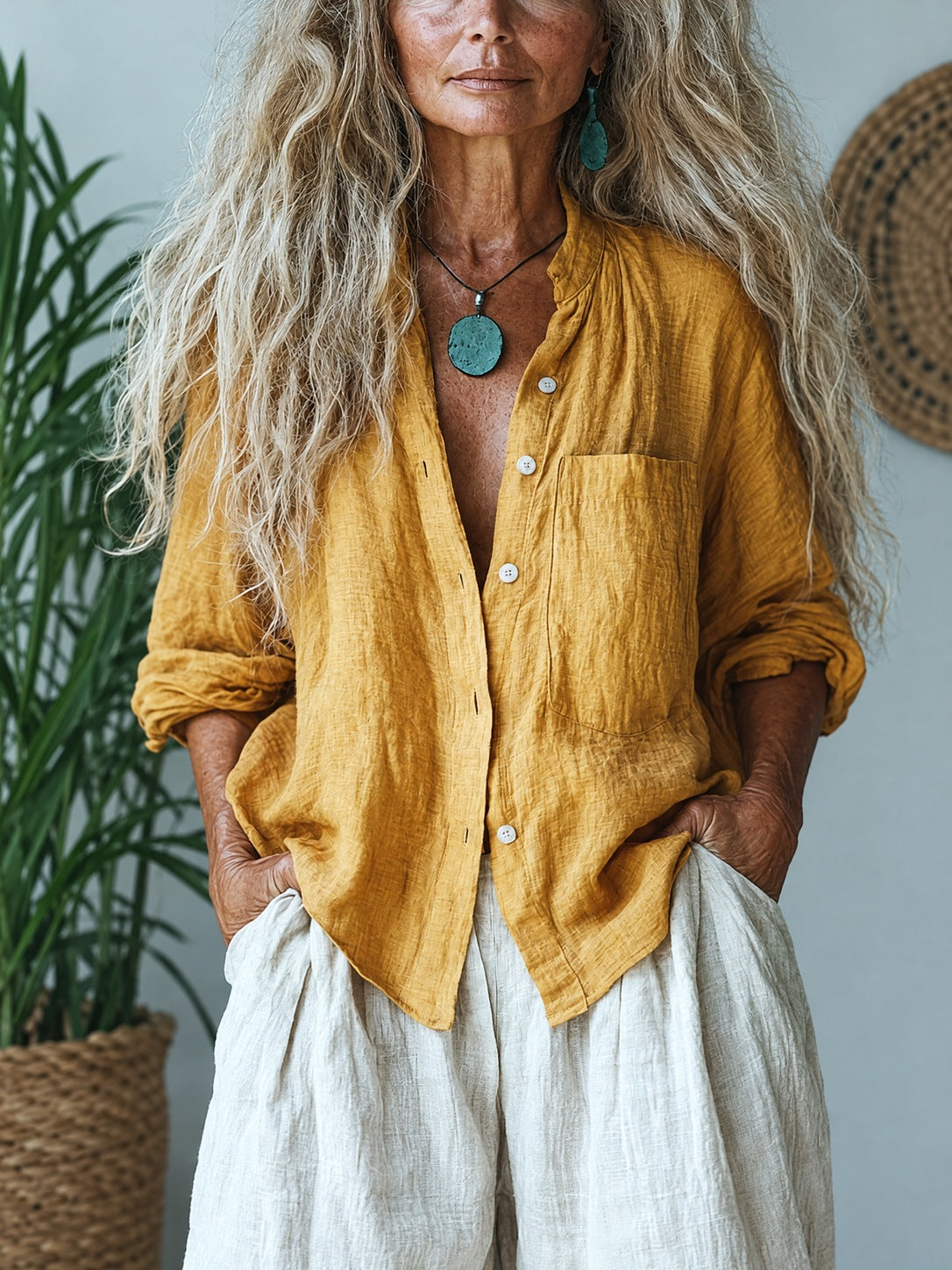Elva – Mustard Linen Button-Down Shirt with Pocket