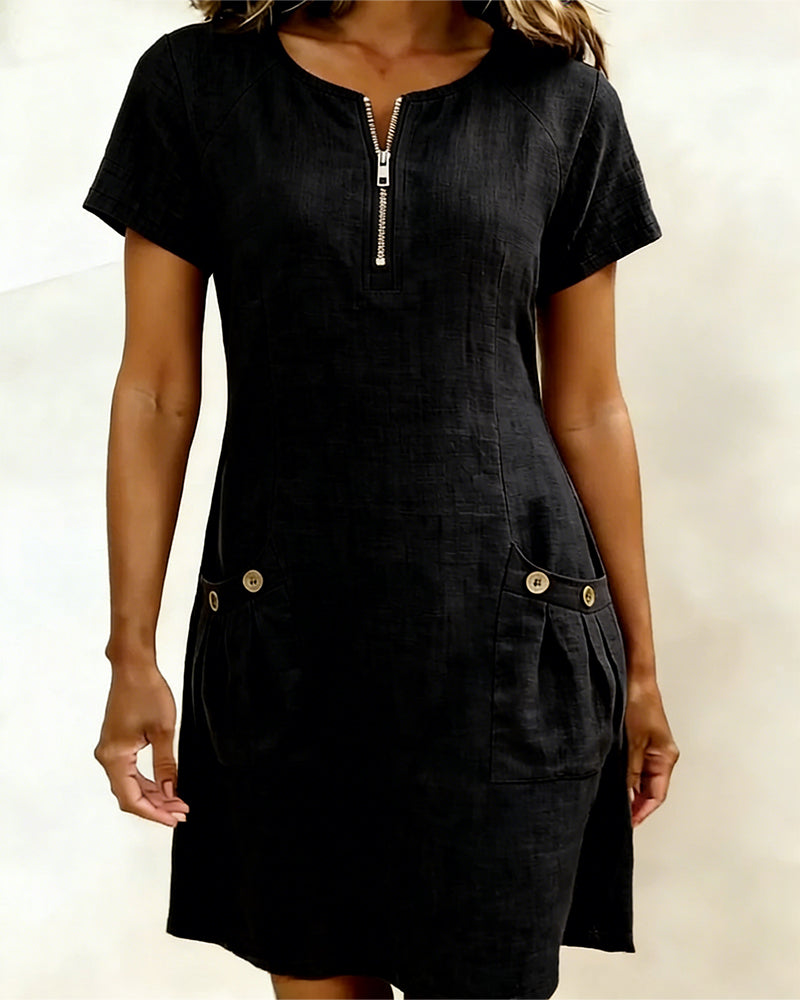 Carmen – Black Zip-Neck Cotton-Linen A-Line Dress