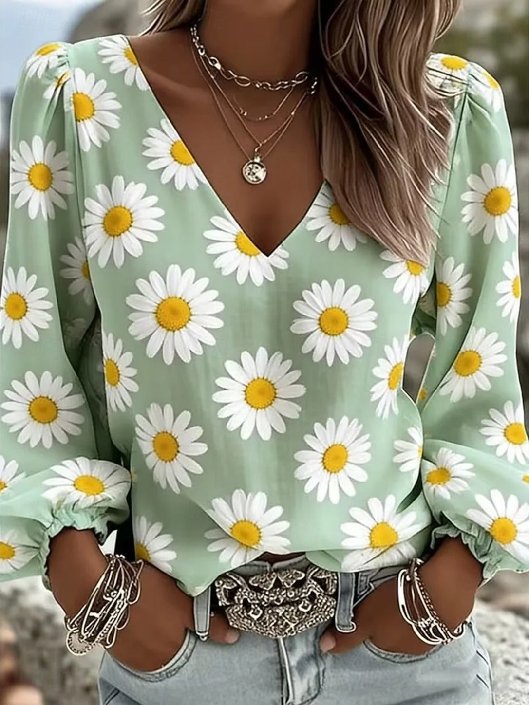 Dinah – Mint Daisy Floral Print V-Neck Puff-Sleeve Blouse