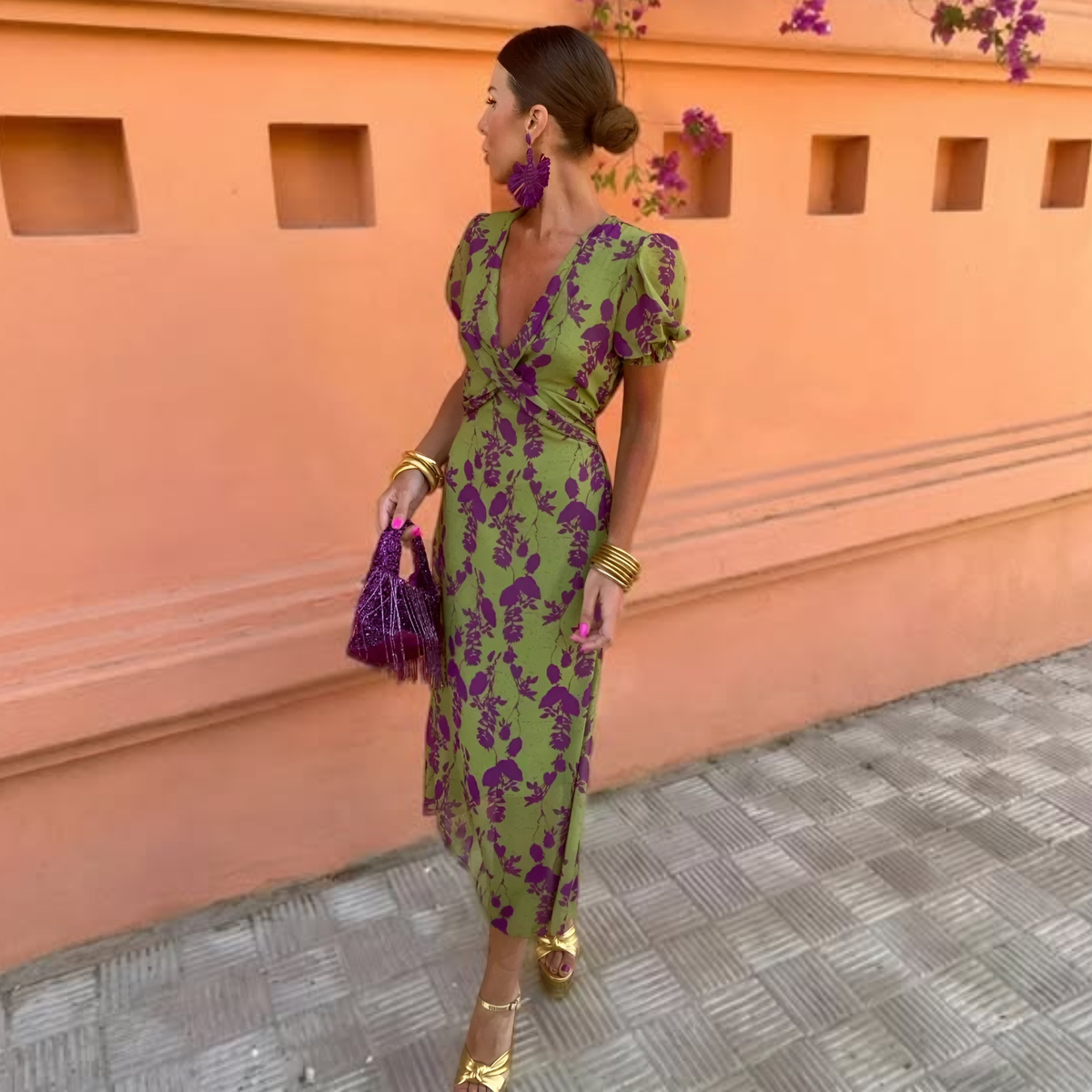 Ernestina™ | Tummy Flattering Long Floral Green Dress