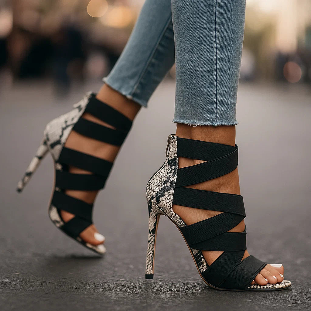 Coleen women's cross-strap snake-effect heeled sandals