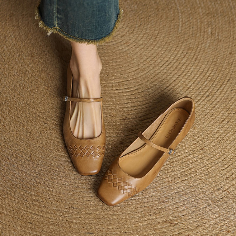 Cleo Woven Square-Toe Mary Jane Flats