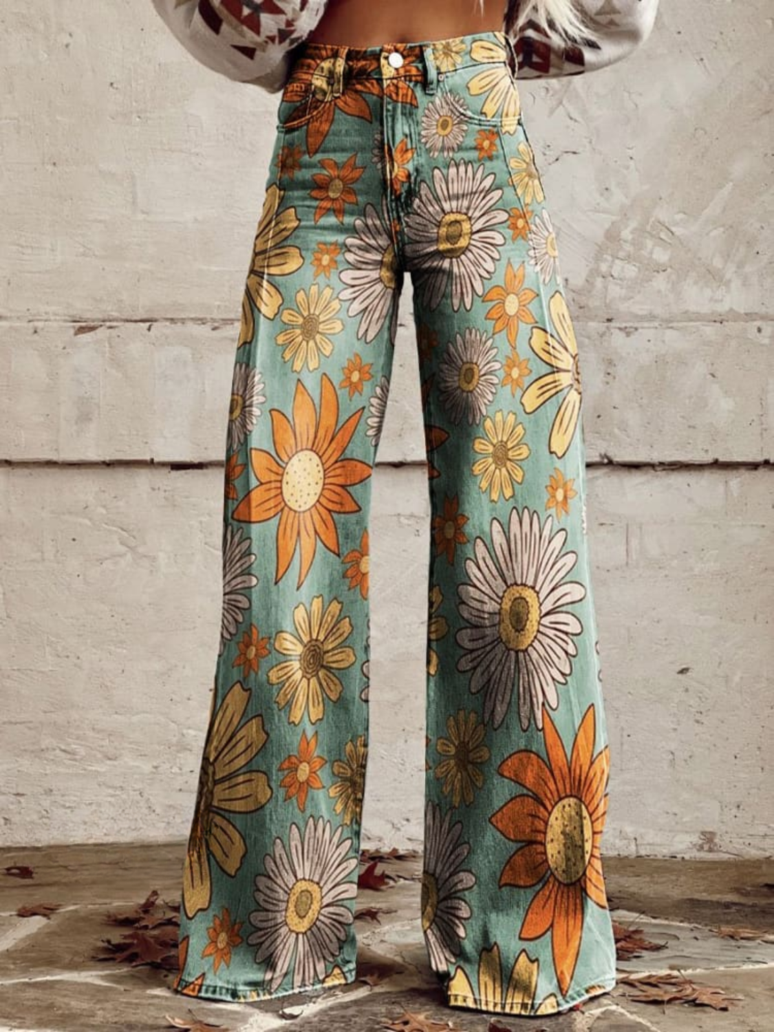 Mireille – Women's Retro Daisy Print Palazzo Trousers