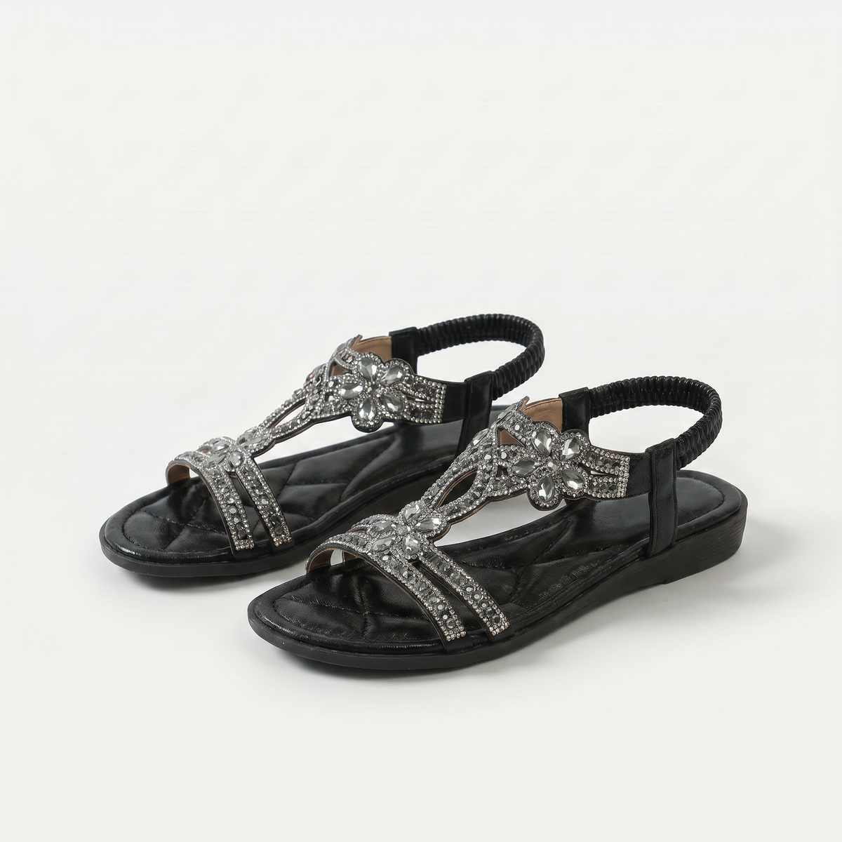 Nell – Black Orthopaedic Jewelled Floral Slingback Sandals