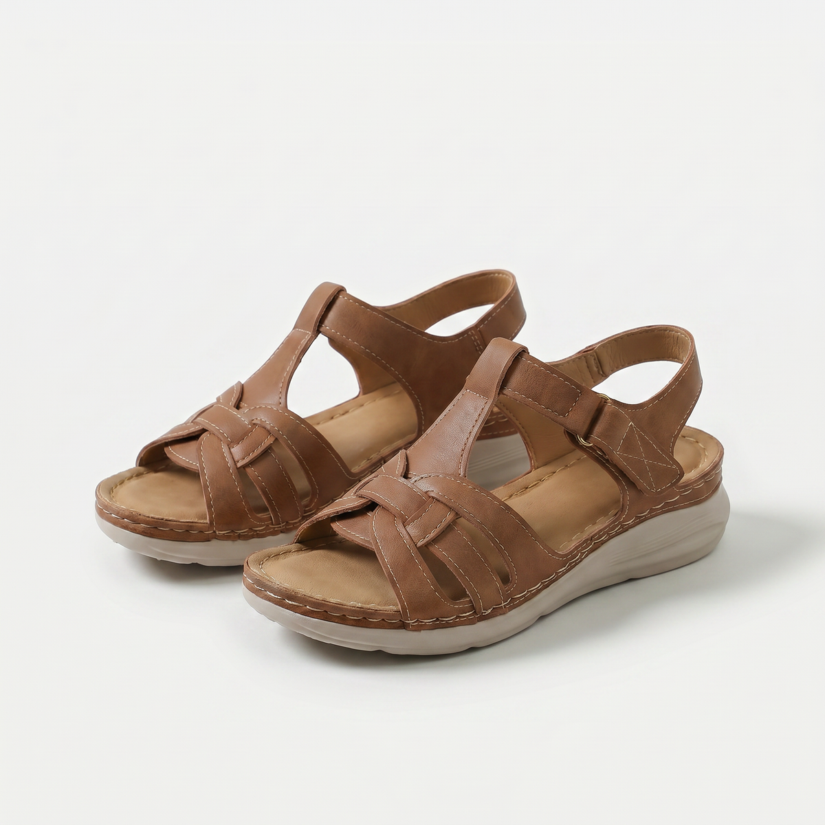 Elinor – Tan Orthopaedic T-Bar Wedge Sandals