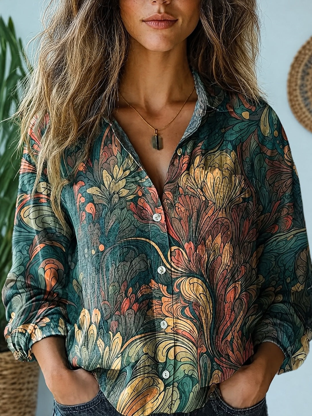 Alethea β Teal & Gold Artistic Print Lapel Button-Down Shirt