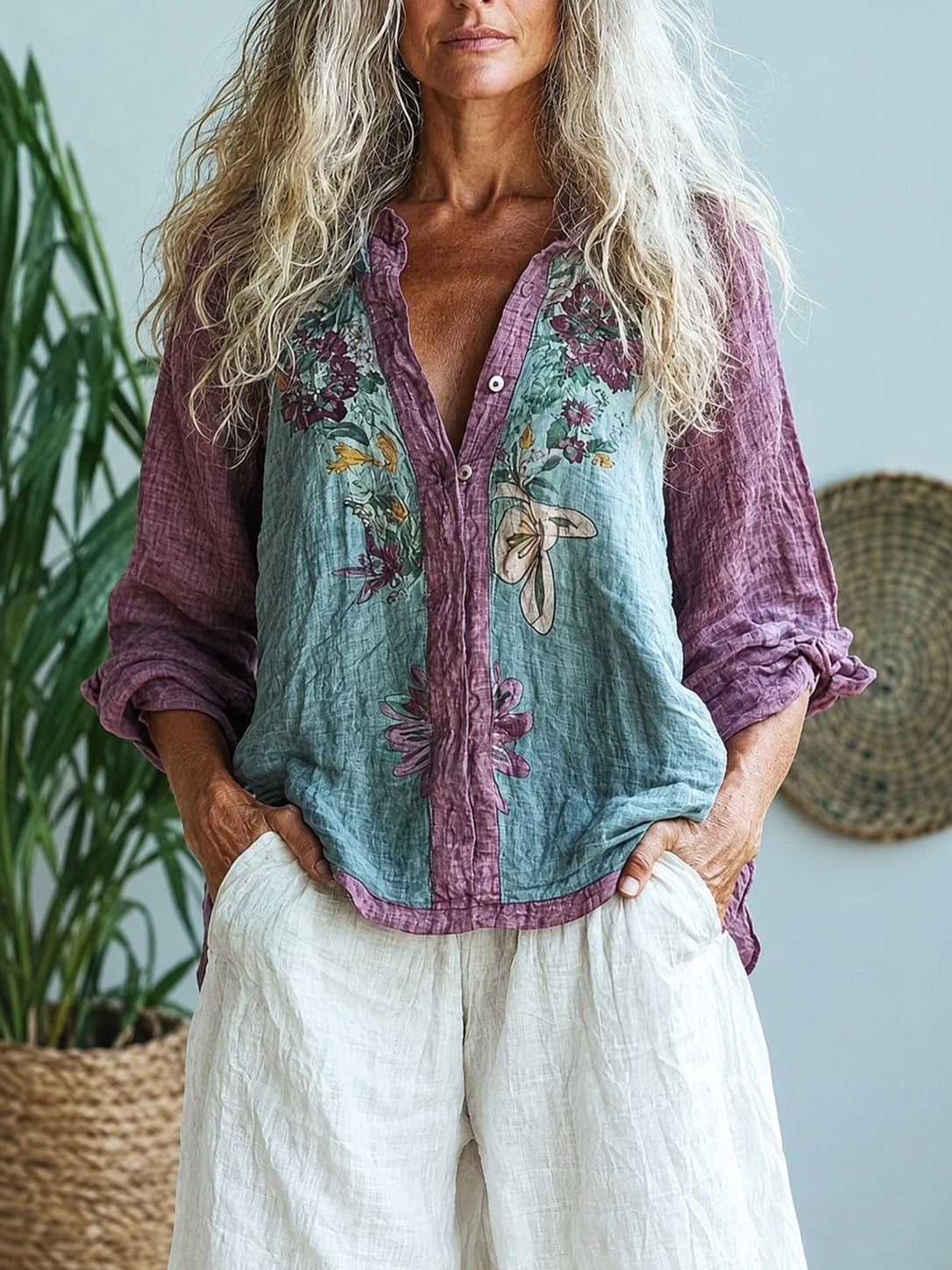 Primula – Blue & Purple Boho Floral Panel Button-Down Shirt