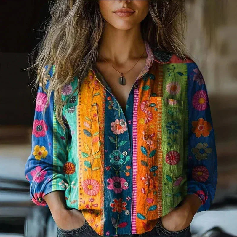Charmaine – Multicolour Bohemian Patchwork Print Button-Up Blouse