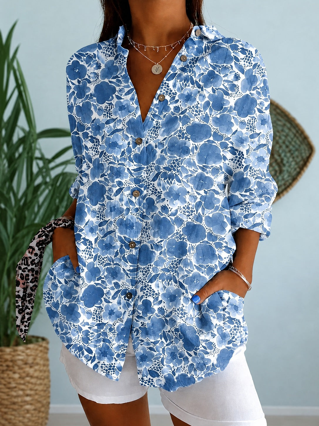 Clarabel – Blue Floral Blue Floral Longline Button-Down Shirt