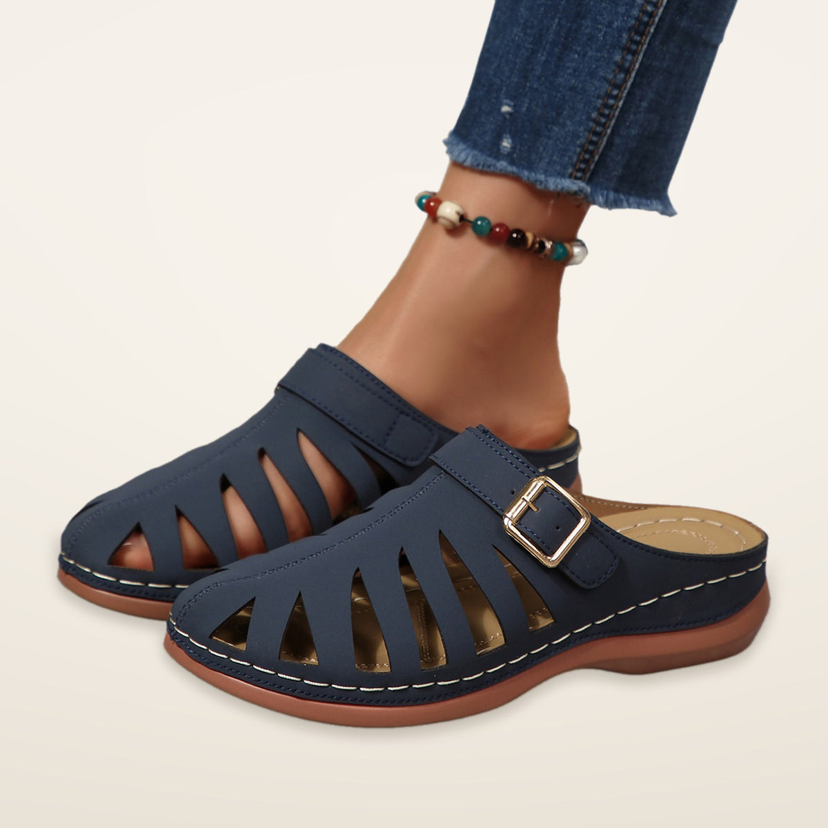 Francine – Navy Blue Orthopaedic Closed-Toe Cut-Out Wedge Mules