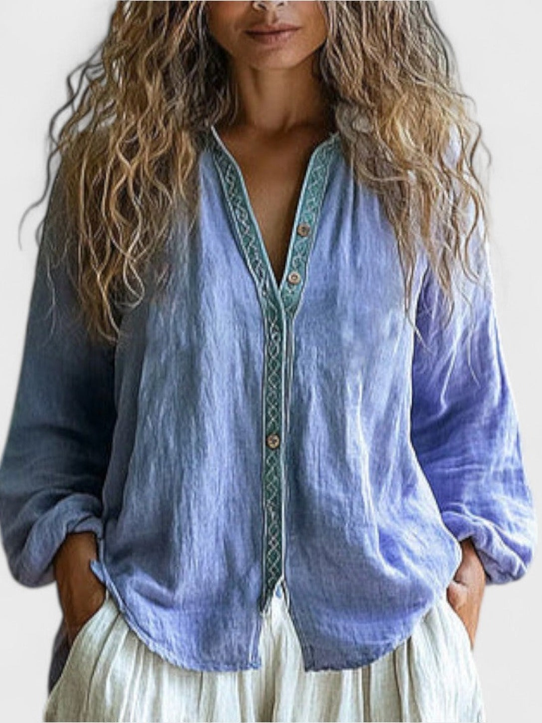 Yolande – Lavender Blue Linen-Cotton Embroidered-Trim Button Blouse