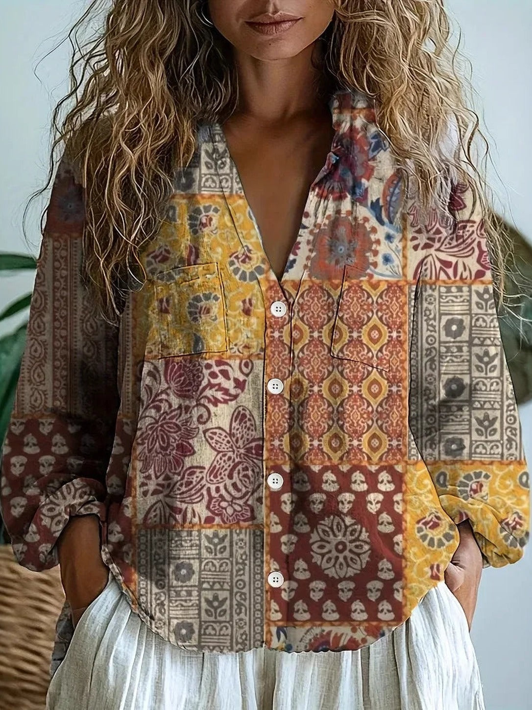 Marisa – Mustard Patchwork Patchwork Print Button-Down Blouse