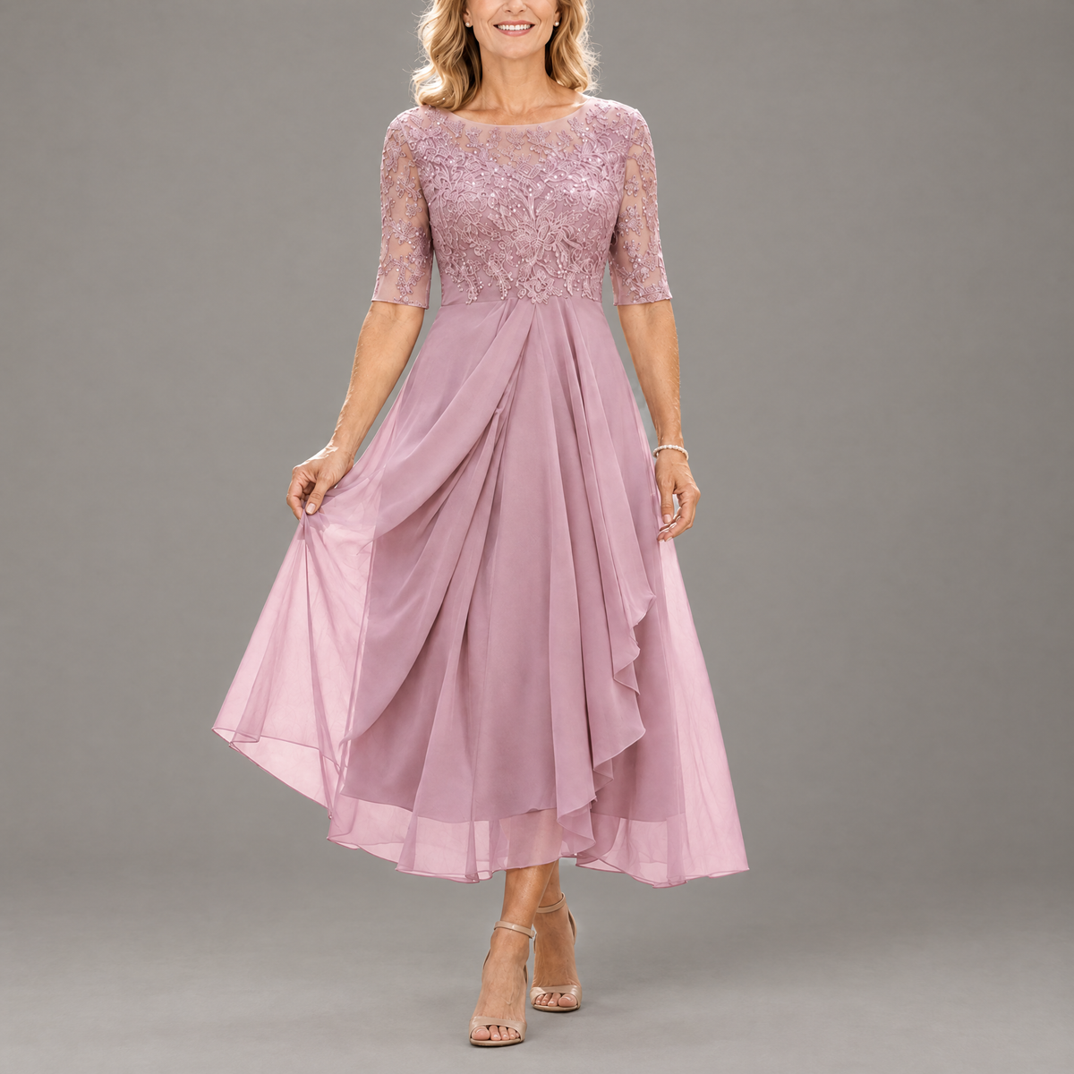 Isobel – Dusty Pink Lace Bodice Draped Midi Dress