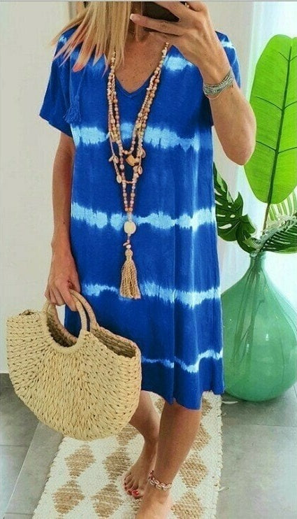 Giulietta – Blue Women's Tie-Dye Stripe V-Neck T-Shirt Dress