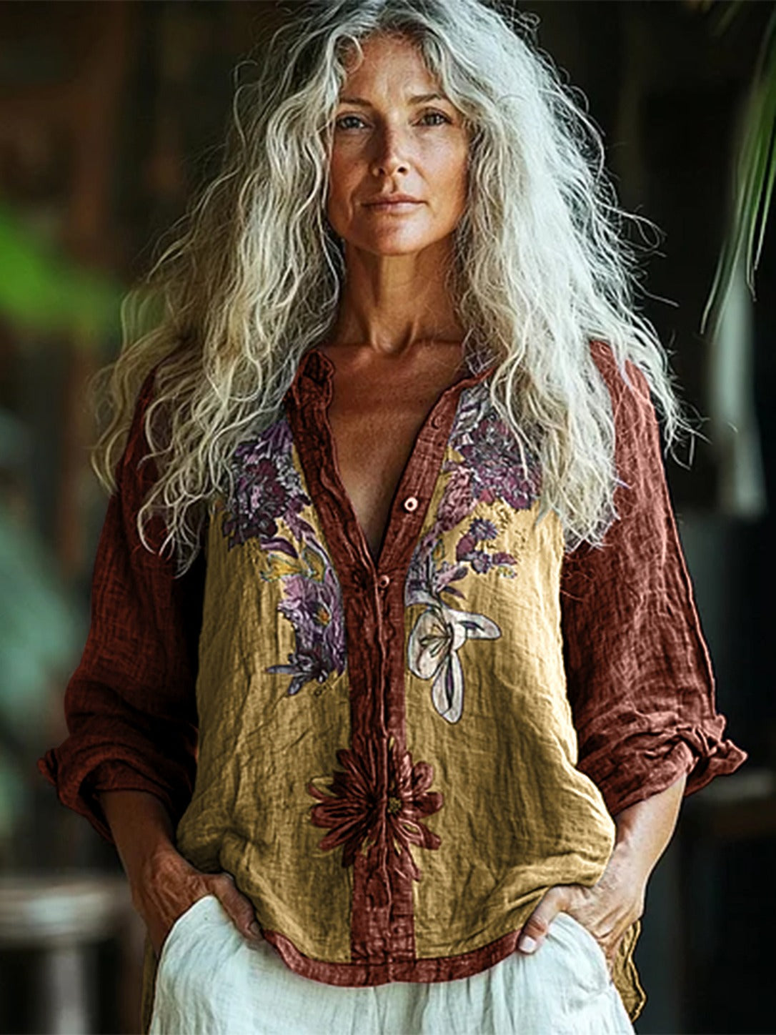 Primula – Ochre & Rust Boho Floral Panel Button-Down Shirt