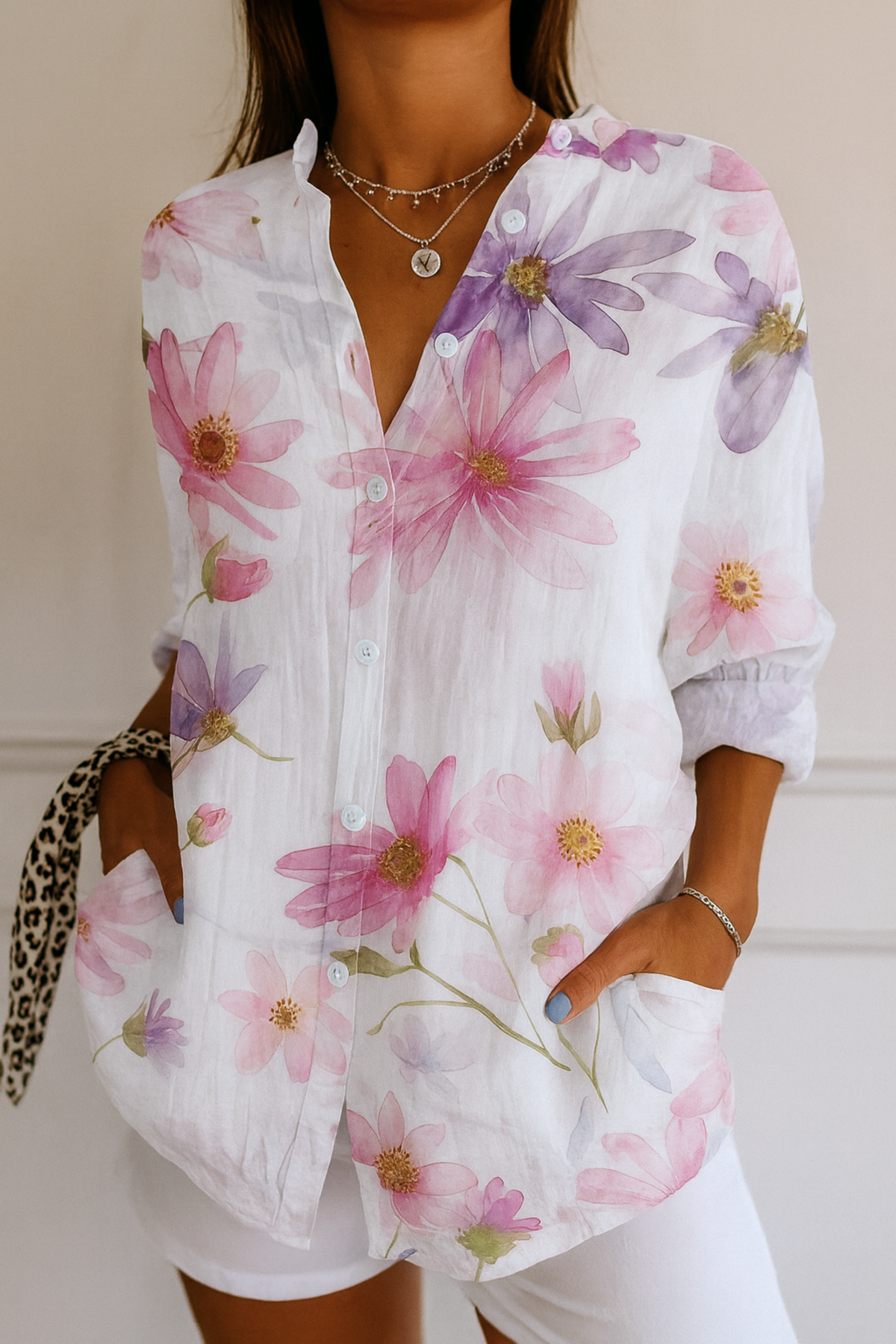 Kirra painterly floral button-down shirt in White
