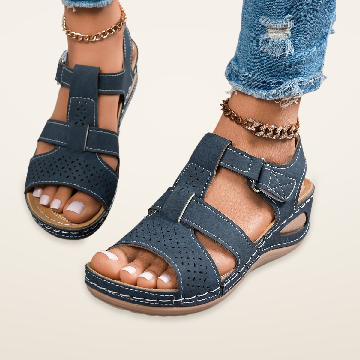 Jeannie – Navy Blue Orthopaedic Open-Toe Hook-and-Loop Wedge Sandals