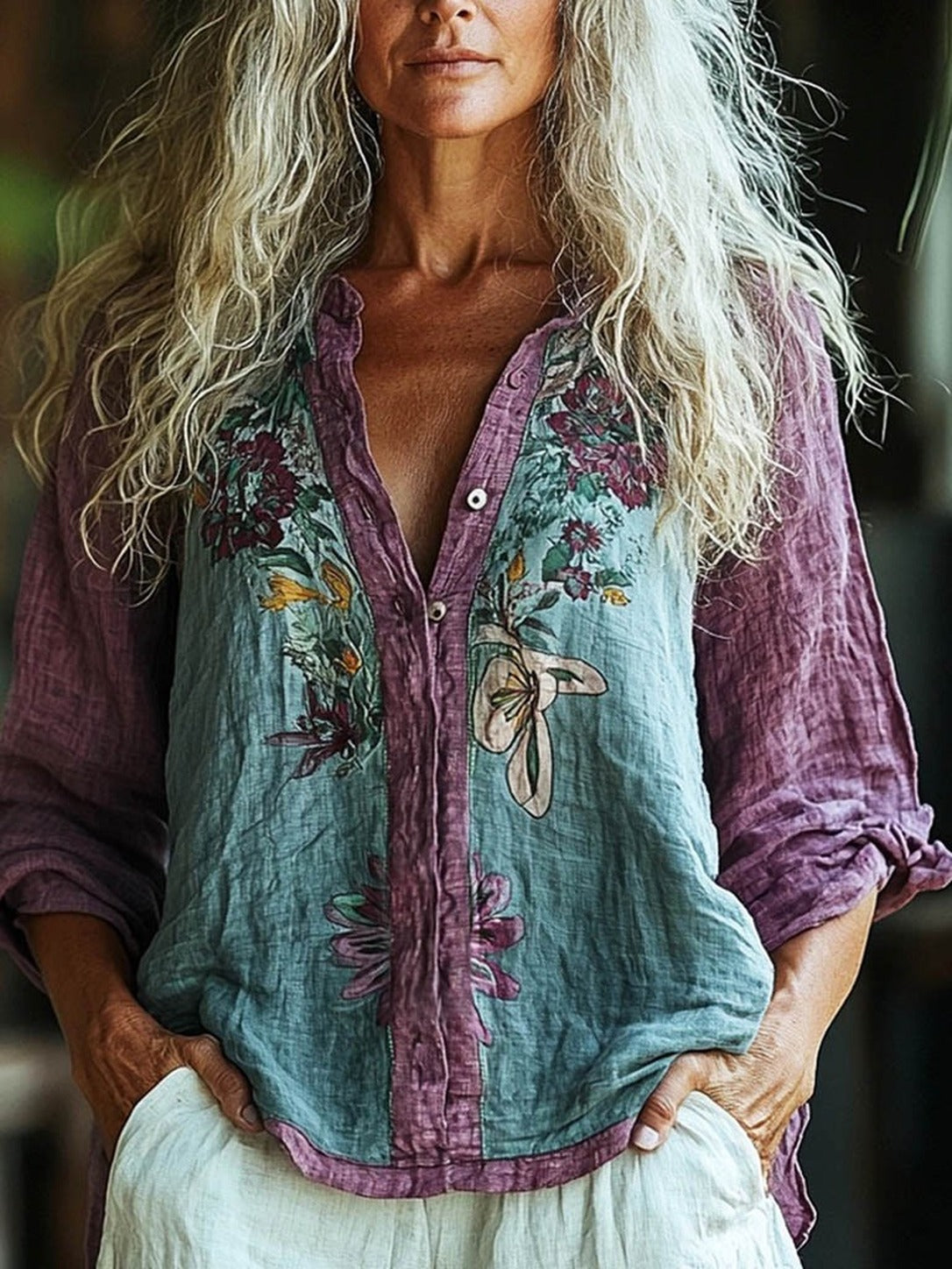 Primula – Blue & Purple Boho Floral Panel Button-Down Shirt