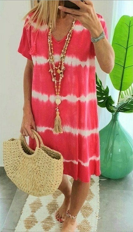 Giulietta – Red Women's Tie-Dye Stripe V-Neck T-Shirt Dress