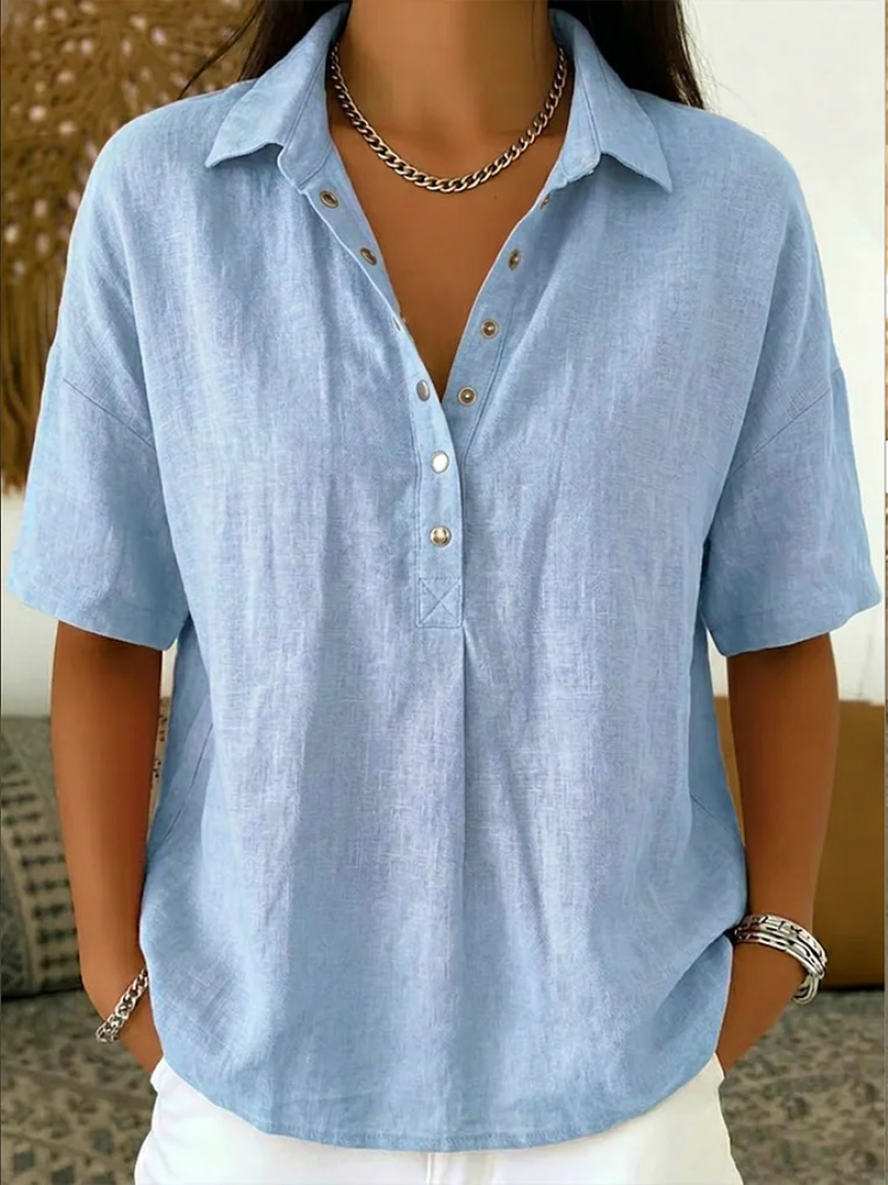 Sigrid – Light Blue Women's Linen Half-Button Collared Blouse