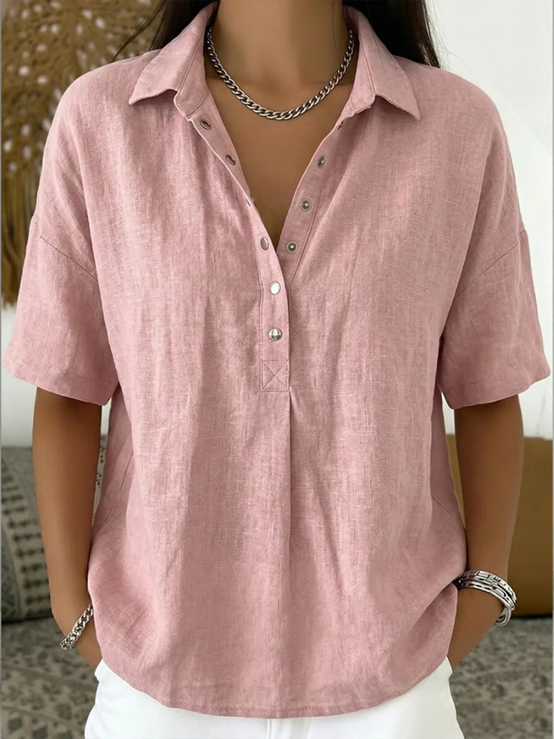 Sigrid – Pink Women's Linen Half-Button Collared Blouse