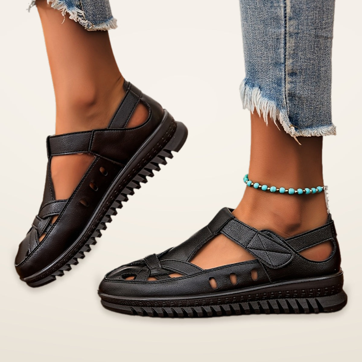 Prue – Black Orthopaedic Closed-Toe T-Strap Comfort Sandals