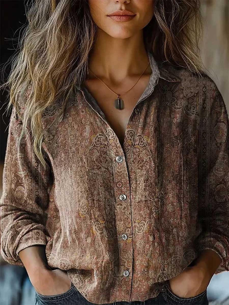 Alethea – Brown Paisley Artistic Print Lapel Button-Down Shirt