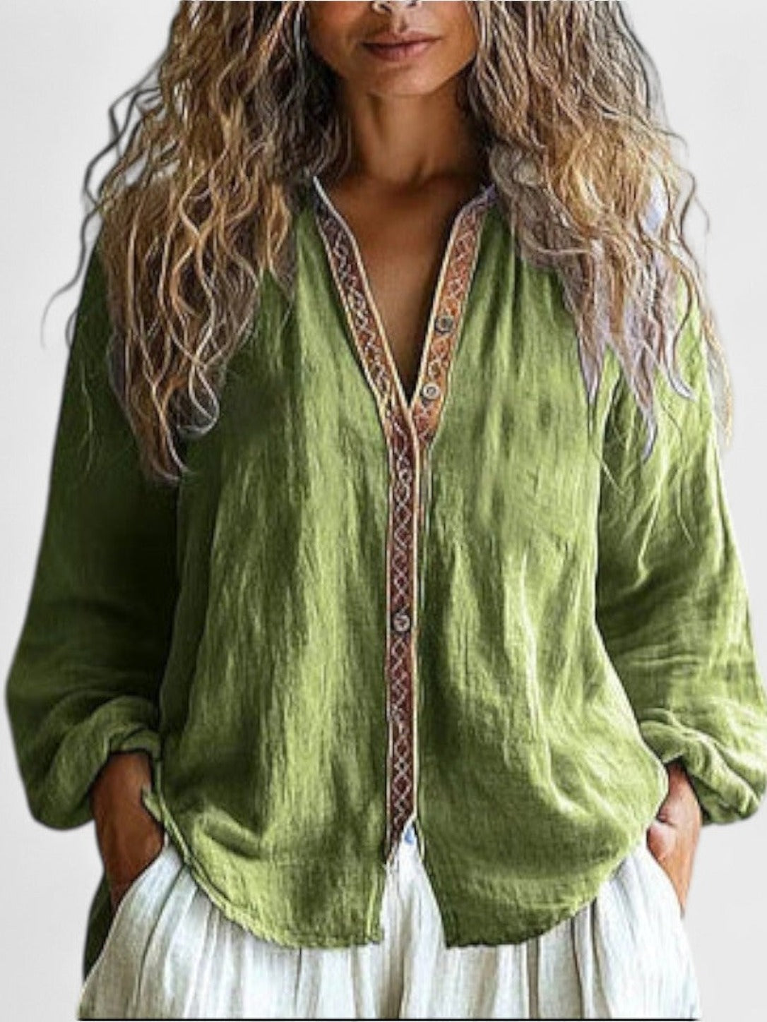 Yolande – Green Linen-Cotton Embroidered-Trim Button Blouse