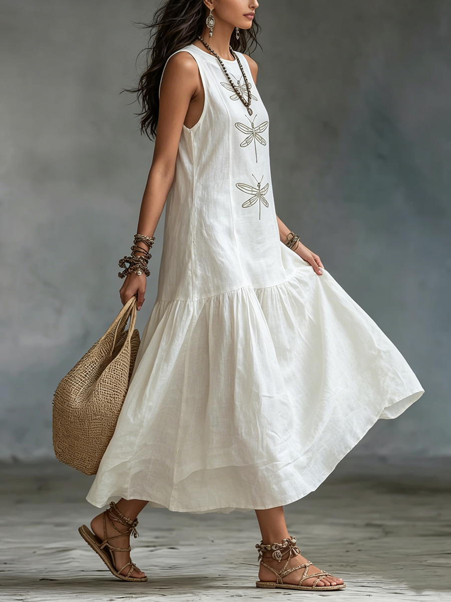Nireliah™ | Dragonfly Print Cotton-Linen Maxi Dress