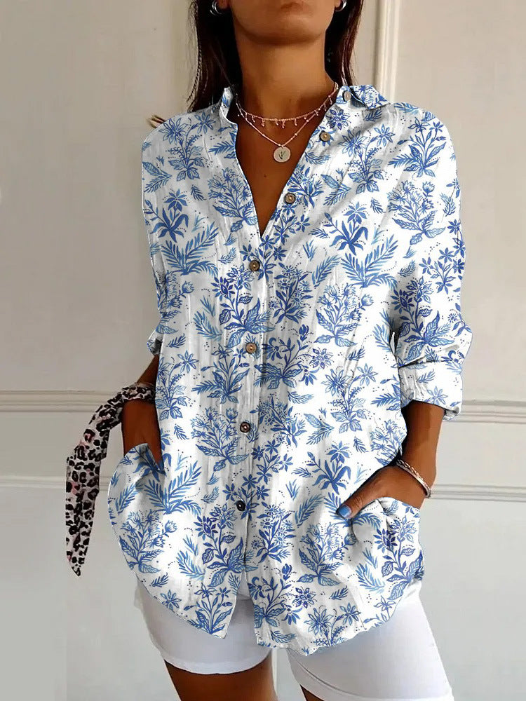 Sunniva – Blue Floral Floral Print Relaxed Button-Down Shirt