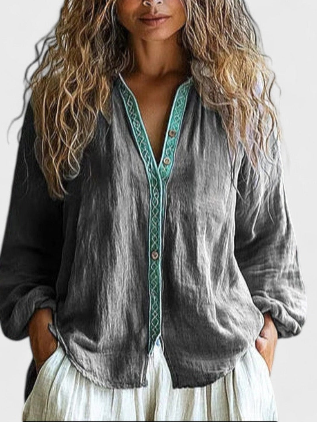 Yolande – Grey Linen-Cotton Embroidered-Trim Button Blouse