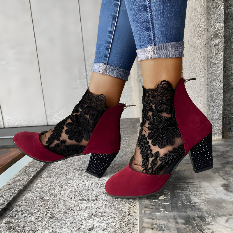 Wynne women's lace mesh block-heel ankle boots