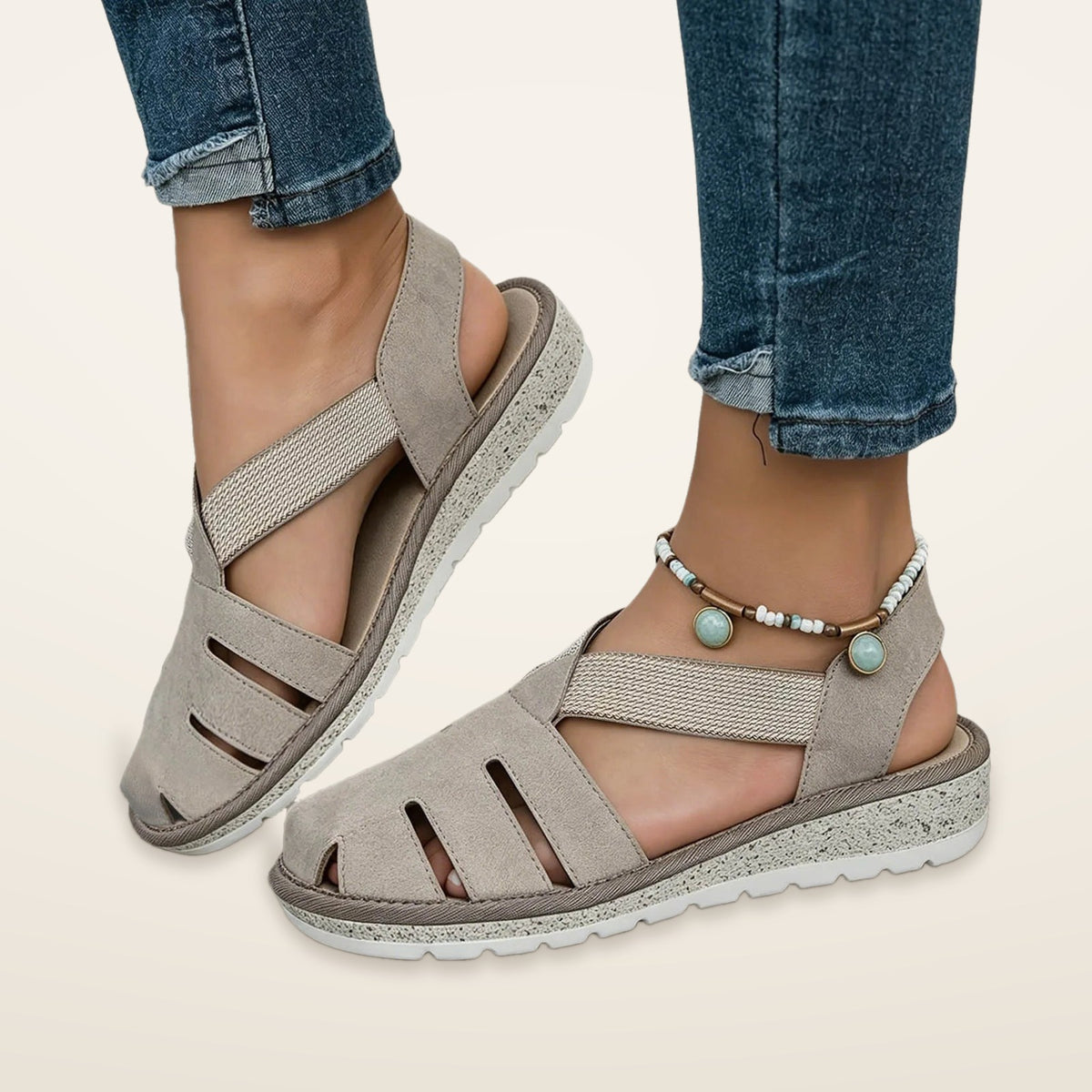 Freda – Taupe Orthopaedic Closed-Toe Elastic Strap Sandals