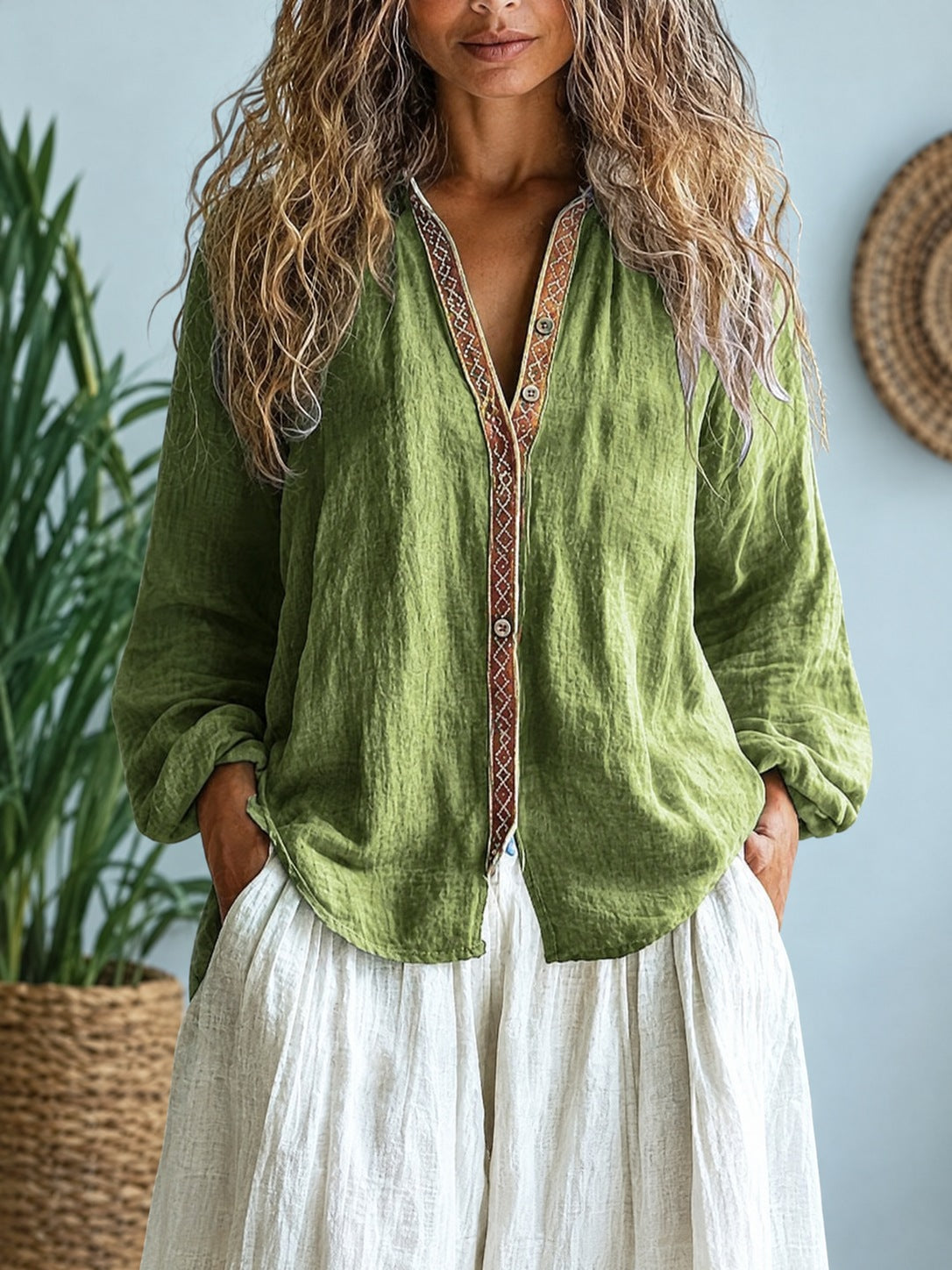 Yolande – Green Linen-Cotton Embroidered-Trim Button Blouse