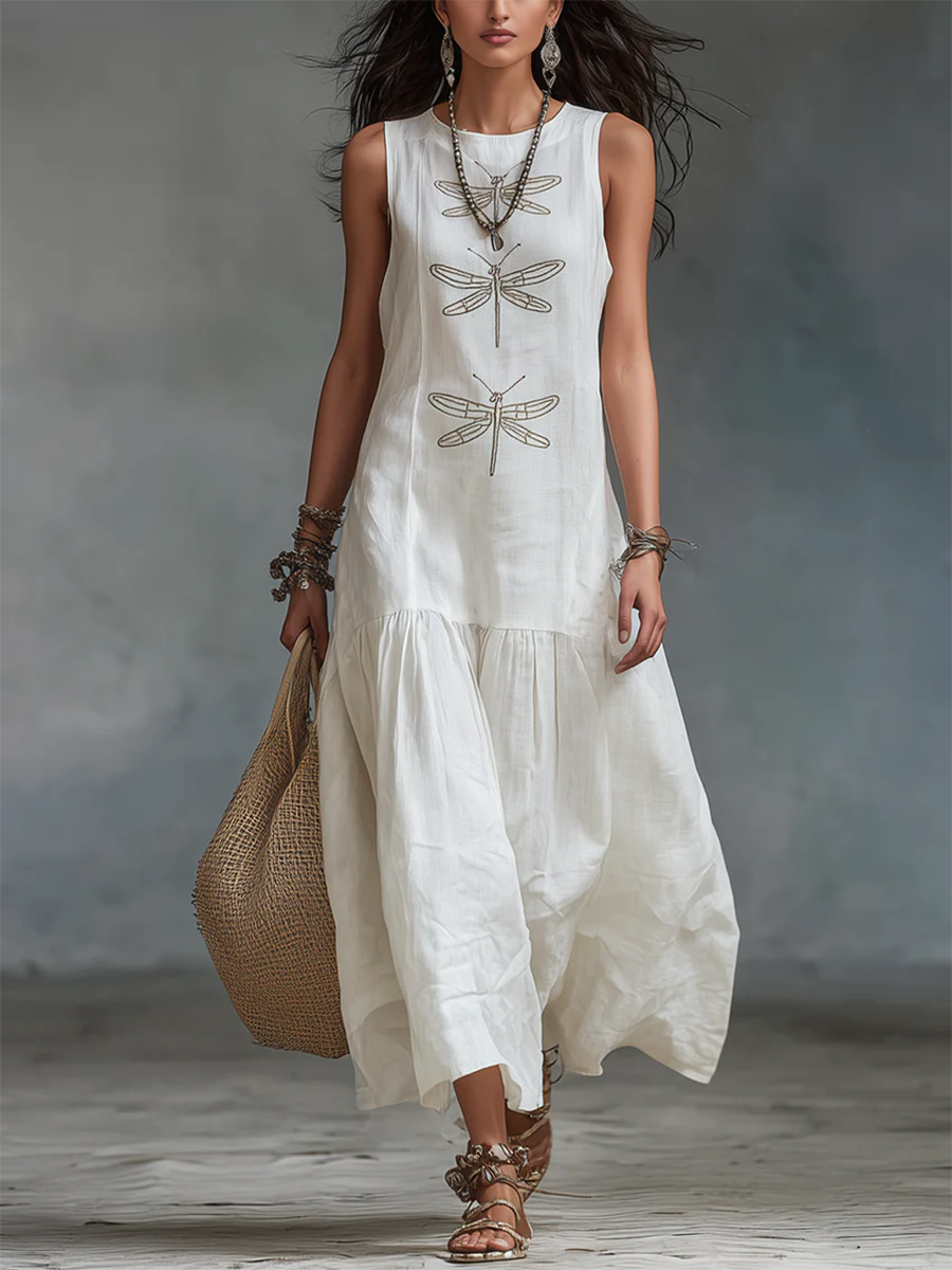 Nireliah™ | Dragonfly Print Cotton-Linen Maxi Dress