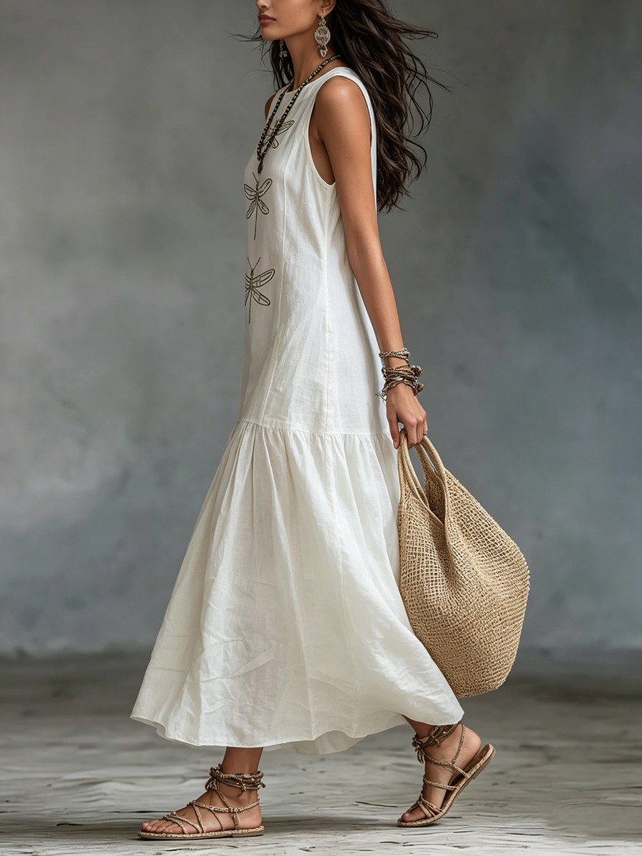 Nireliah™ | Dragonfly Print Cotton-Linen Maxi Dress