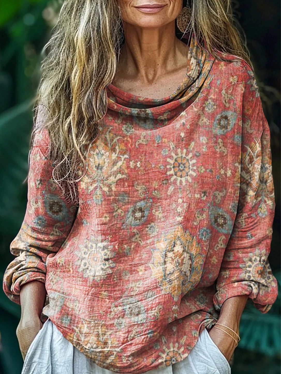 Ione – Coral Ethnic Print Cowl-Neck Cotton Top