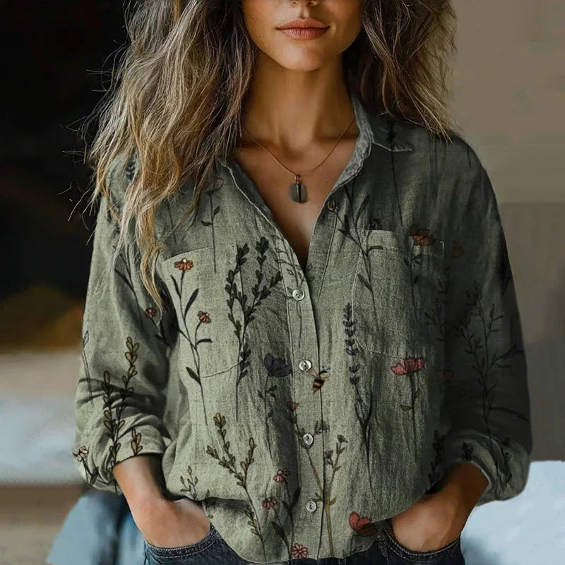 Charmaine – Olive Green Bohemian Patchwork Print Button-Up Blouse