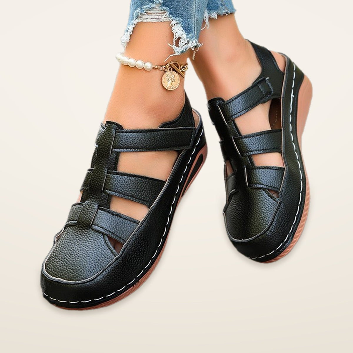 Narelle – Black Orthopaedic Closed-Toe Platform Wedge Sandals