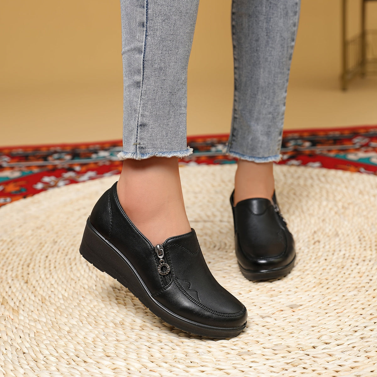 Elvira Side-Zip Wedge Loafers – Black