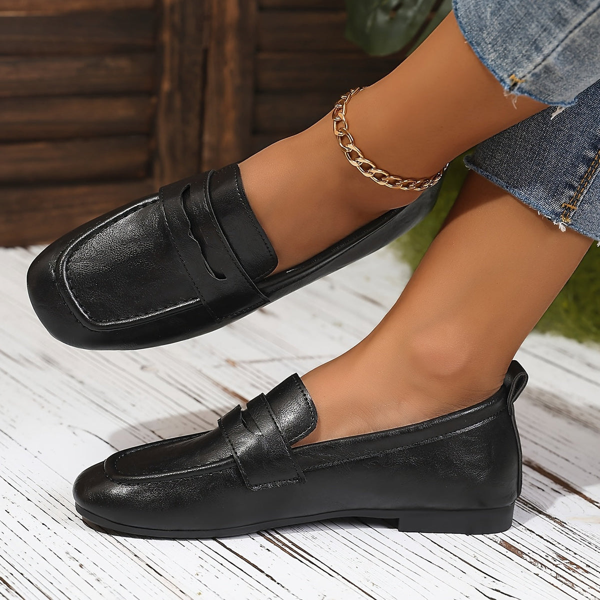 Kitty Square-Toe Penny Loafers - Black